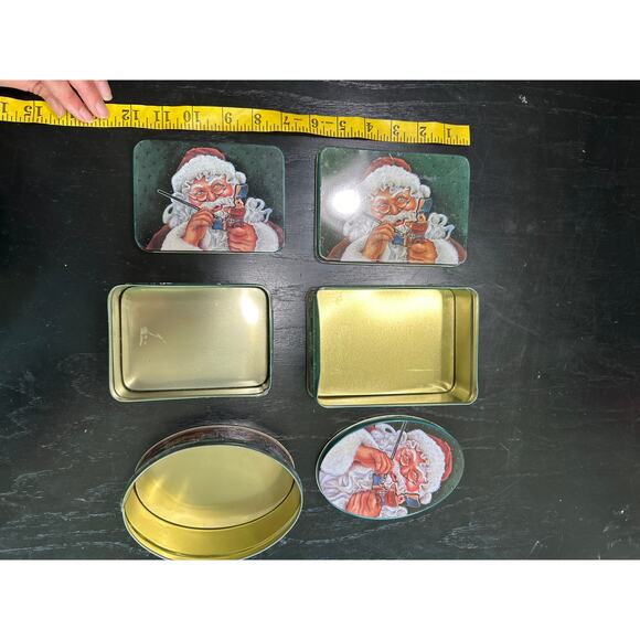 Set of 3 - 90s Holiday Santa Toys hunter Green decorative tin - cottage retro - Picture 4 of 5